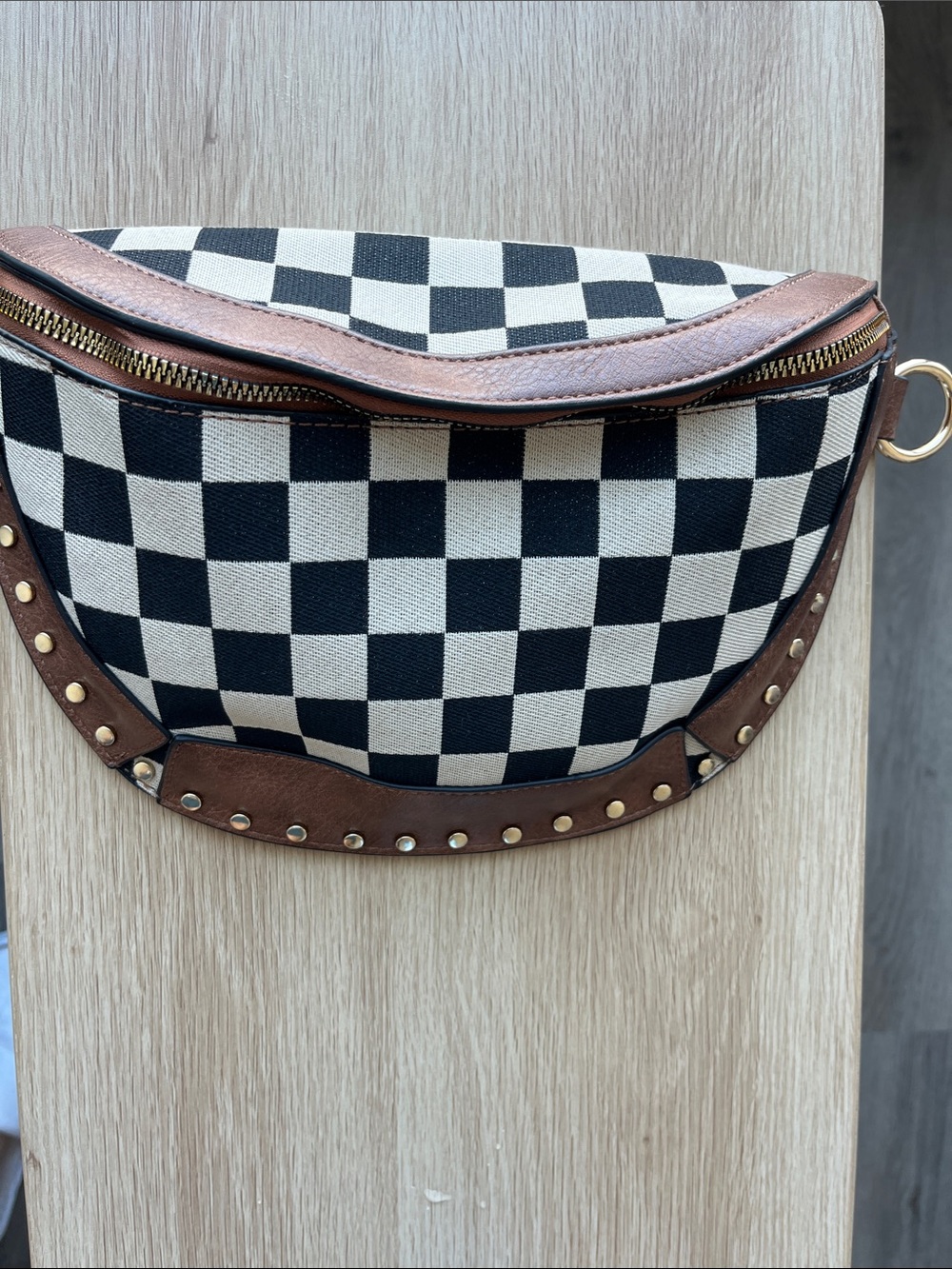 Black & White Checker Bag canvas with Brown Trim waist checker bag